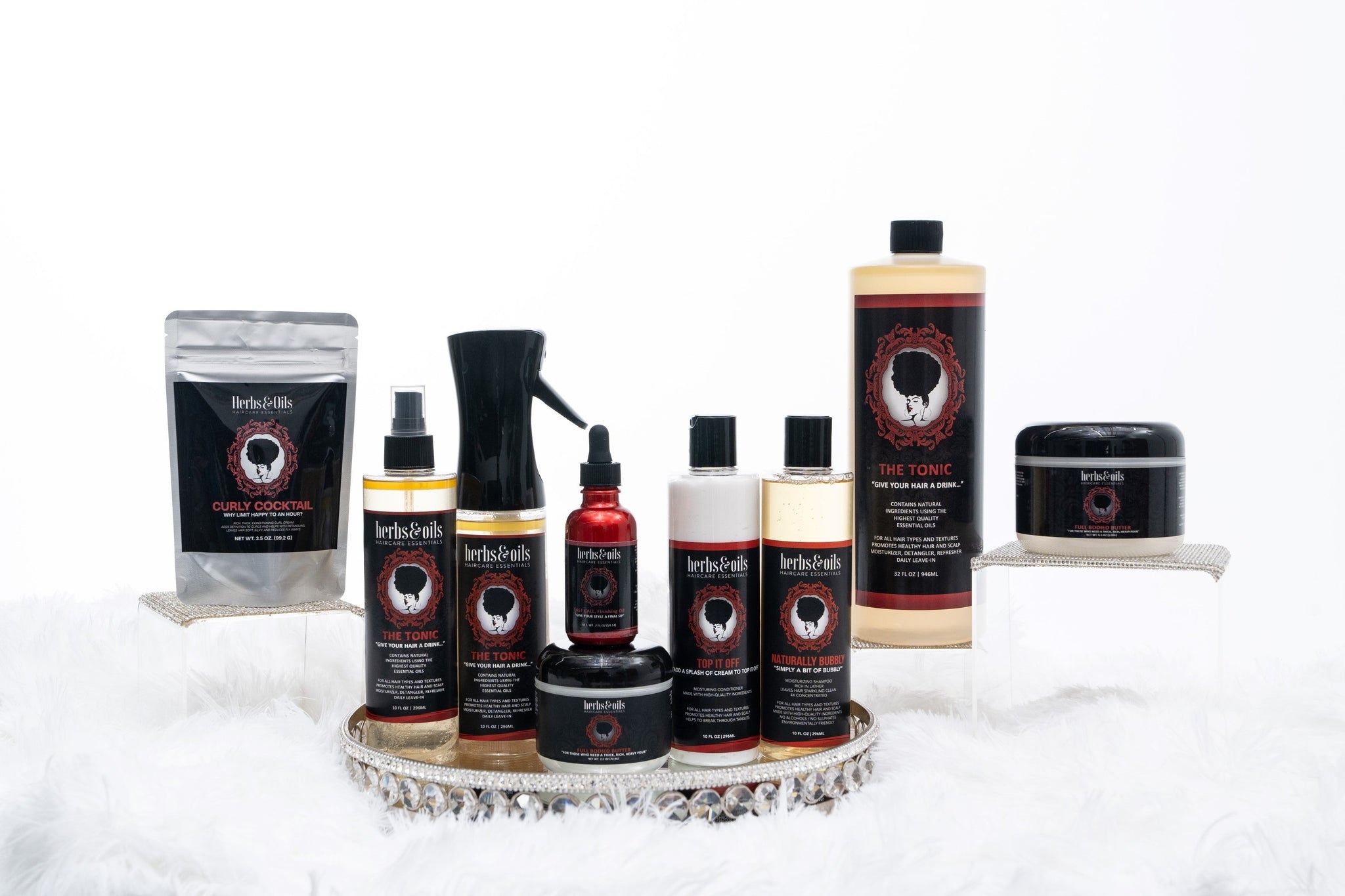 picture of the full line of Herbs and Oils Haircare Essential Products