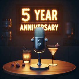Picture of a microphone and two cocktails with a sign behind the table that states 5 year anniversary.