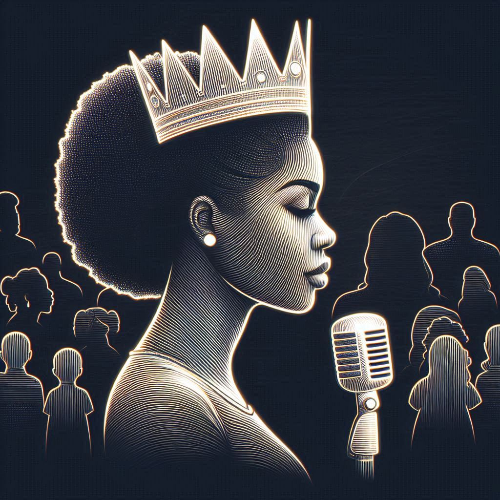 Black queen, with natural hair, wearing her crown with a microphone.  People of all ages in the background surrounding her.  The picture is monochromatic.