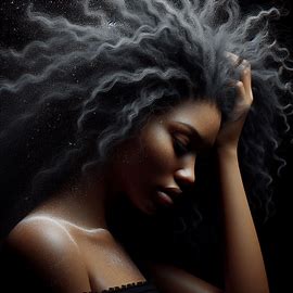 Beautiful black girl with brown, glowing skin.  She is holding her head in frustration as she has beautiful textured hair but she has dandruff that has fallen on her shoulders which is frustrating to her.  