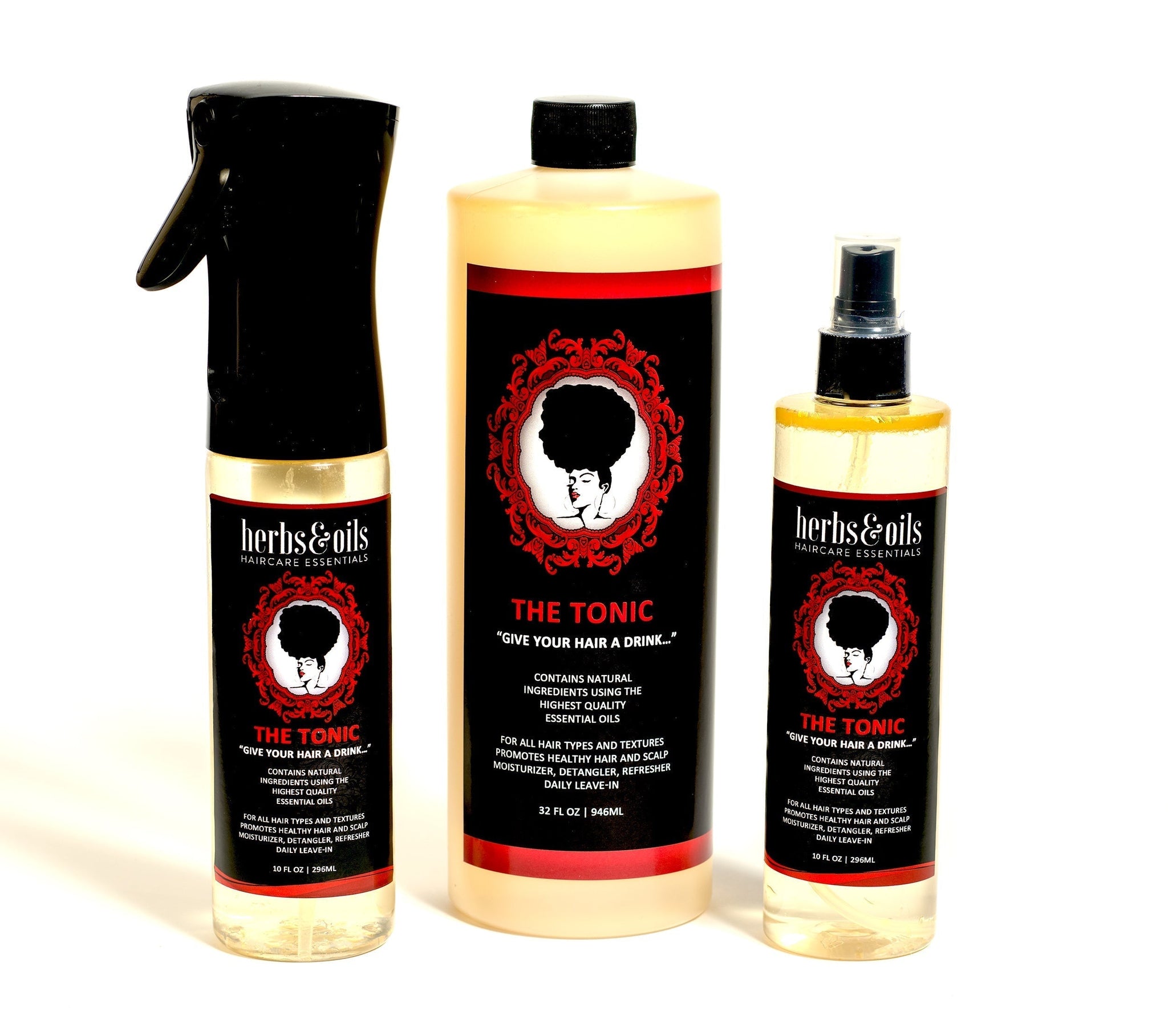 Picture of Herbs and Oils, The Tonic in the 3 different sizes that are available, Flairosol bottle, Mist bottle, and the Refill bottle