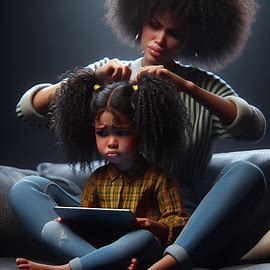 Mother sitting on the floor doing her daughters hair who is sitting between her hair.  The little girl is pouting because she doesn't want her hair done.  She has huge textured ponytails.