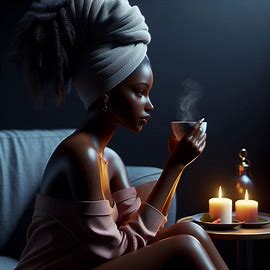Sunday Wash Day with HNO Haircare - picture of a beautiful black profile girl with her hair wrapped in a towel after shampooing drinking a cup of tea and relaxing with candles burning.  Her skin showing on her shoulders and legs are glowing.