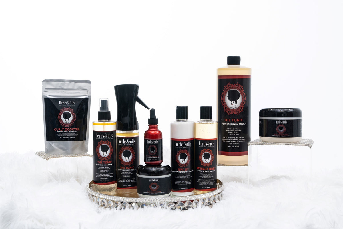 picture of the full line of Herbs and Oils Haircare Essential Products