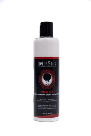 Herbs and Oils, Top It Off Conditioner.  Bottle shows the logo on the front of the bottle.  The product is all white.