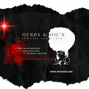 Infographic of Herbs and Oils Haircare Essentials logo with a black background and black and white shaded logo.