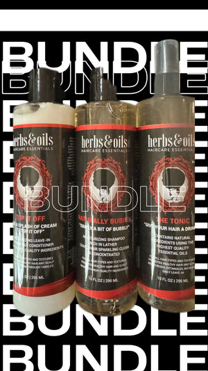 Picture of Herbs and Oils bundle of 3 products, The Tonic, Naturally Bubbly Shampoo, and Top It Off Conditioner.  The Picture has the word BUNDLE written multiple times in white with a black background