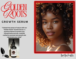 Advertisement for Golden Roots Growth Serum featuring a woman with curly hair and the product bottle.  hair growth serum, oil for thinning edges, natural hair growth oil, scalp treatment for hair loss, growth oil for natural hair, serum for hair regrowth, hair oil for bald spots, rosemary oil hair growth blend, caffeine hair growth oil