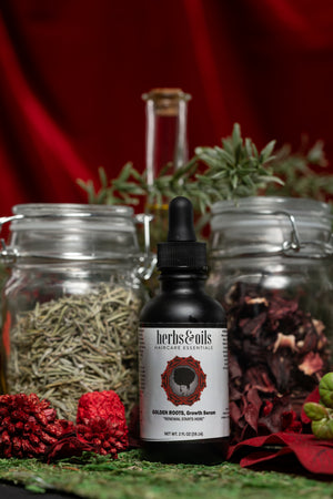 Bottle of 'Herbs & Oils' with jars and herbs on a red background
hair growth serum, oil for thinning edges, natural hair growth oil, scalp treatment for hair loss, growth oil for natural hair, serum for hair regrowth, hair oil for bald spots, rosemary oil hair growth blend, caffeine hair growth oil