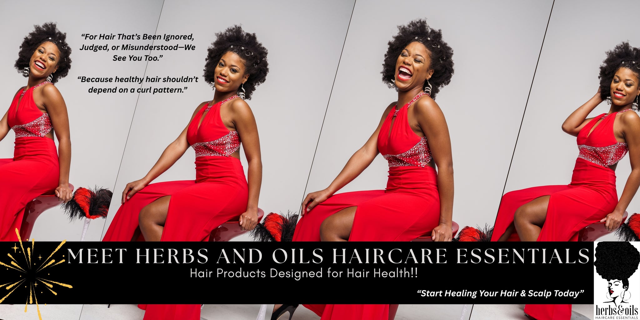 beautiful brown skinned girl in 4 different positions with natural 4c textured hair wearing a red gown.  She is smiling because her hair is soft and healthy in its natural state because of herbs and oils haircare essentials, the best products to thicken and grow hair.