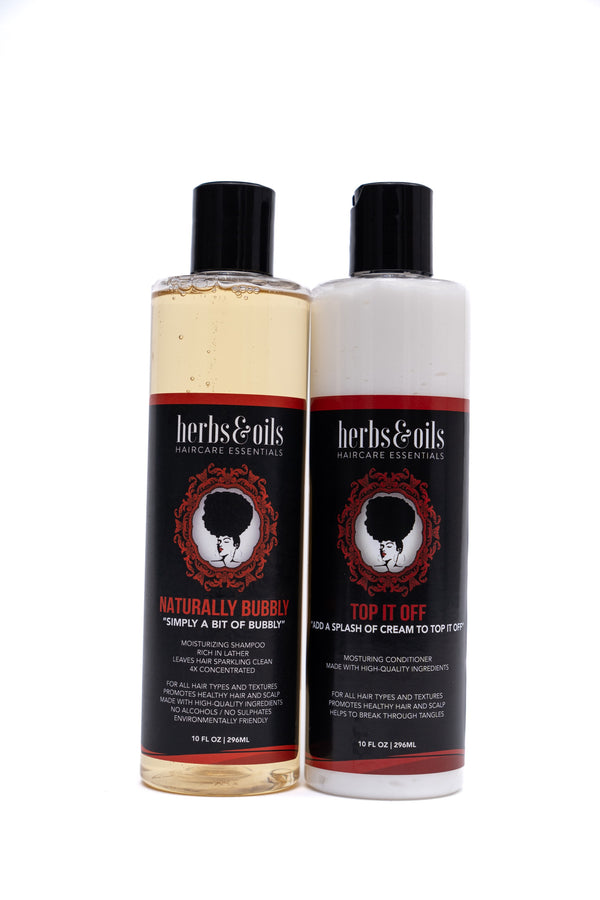 Picture of the Naturally Bubbly Shampoo and Top it Off Conditioner Herbs and Oils Bundle.  The best moisturizing shampoo and conditioner. shampoo and conditioner set, moisturizing shampoo and conditioner, sulfate free shampoo set, natural hair wash day bundle, shampoo for dry hair and conditioner, hair care set for breakage and thinning