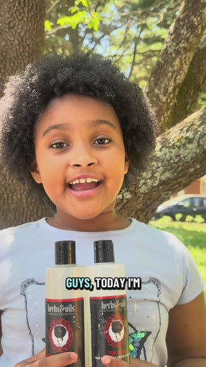 UGC of a kid who uses both the Naturally Bubbly Moisturizing Shampoo and the Top It Off Conditioner with completely moisturized hair.  moisturizing shampoo, sulfate free shampoo, natural shampoo for dry hair, shampoo for thinning hair, hydrating shampoo natural hair, buildup removal shampoo, gentle shampoo for sensitive scalp, shampoo for curly hair natural, healthy hair shampoo, shampoo for locs and braids